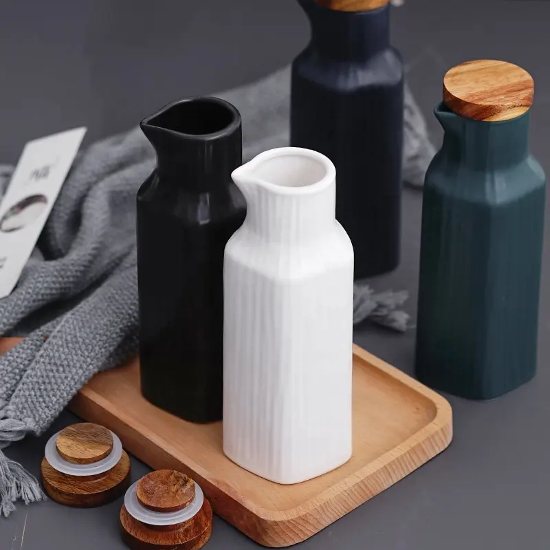 Wooden Cover Ceramics Oil Can Home Spice Jar Sealing Cap Kitchen Supplies High Capacity Vinegar Pot Oil Bottle