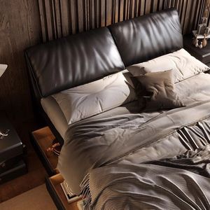 Cama Tapizada <span class=keywords><strong>de</strong></span> Lujo Ligero, Moderna y Minimalista, con Cabecero <span class=keywords><strong>de</strong></span> Cuero <span class=keywords><strong>de</strong></span> Grano Superior y Estructura <span class=keywords><strong>de</strong></span> Roble, Ecológica y <span class=keywords><strong>de</strong></span> Alta Gama - Product Image 3