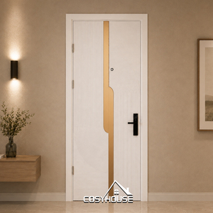 Puerta Interior Blanca de Lujo con Textura, Incrustaciones de Metal Dorado y Cerradura Inteligente para Apartamentos, Hoteles y Villas - Product Image 1