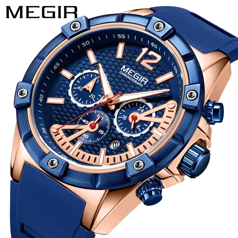 MEGIR-Reloj de pulsera de cuero genuino para hombre, cronómetro luminoso, resistente al agua, hecho en china, 2083