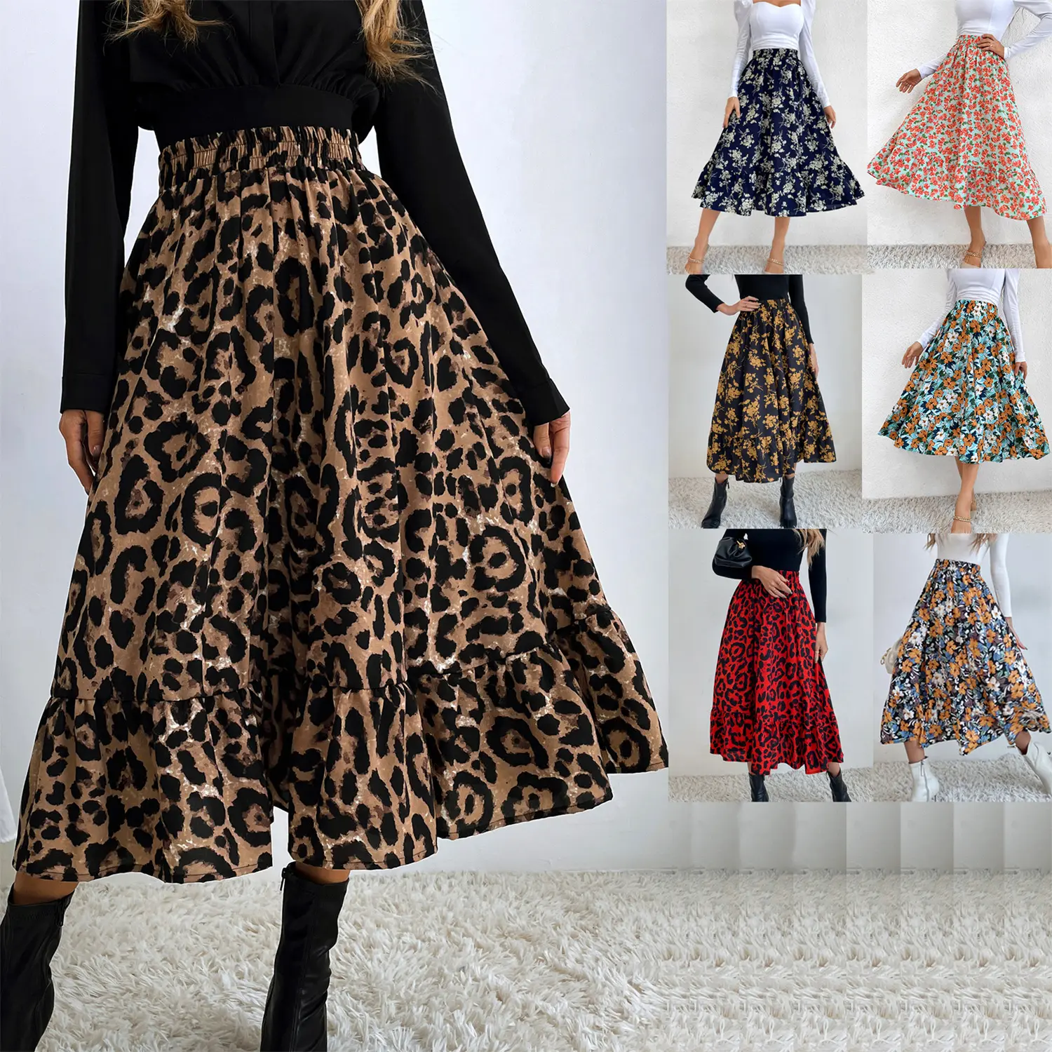 Fashionable leopard print long A-line skirt gonna corta donna faldas largas para mujer saias para mulheres