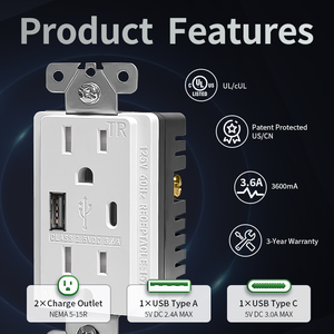 لوحة بلاستيكية MVAVA الولايات المتحدة الأمريكية وعاء 15A/20W شاحن سريع PD3.0 QC3.0 نوع A + C USB WR/TR مقبس حائط كهربائي - Product Image 2