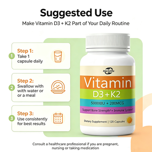 วิตามินดี3 + เค2 50000IU 200MCG แบบแคปซูล ยี่ห้อ OEM สำหรับผลิตภัณฑ์ฉลากส่วนตัว ช่วยเสริมสร้างความแข็งแรงของกระดูกและระบบภูมิคุ้มกัน บรรจุ 120 แคปซูล อาหารเสริม - Product Image 4