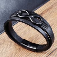 Pulsera de Cuero Negro para Hombre, Tejida con Cuerda de Cuero Vacuno y Acero Inoxidable Infinito, 8 Capas