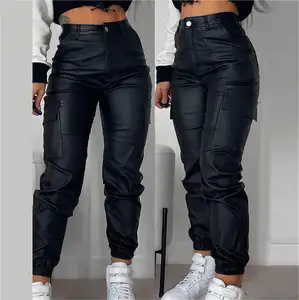 Fashionable Cross Border E commerce Black PU Tight Pants for Women