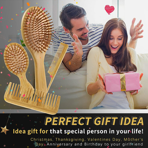 Custom Logo Hair <b>Brush</b> Wide Tooth Detangler Eco-Friendly Natural <b>Bamboo</b> Wood Bristle Scalp Massage Self-Cleaning Round Comb Set - Product Image 6