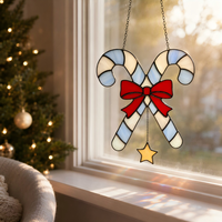 Attrape-soleil en verre coloré fait main, motif double croix, canne à sucre, nœud rouge, étoile jaune, décoration de fenêtre de Noël