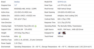 Module LCD Innolux 7,0 pouces 15:9 800x480 WLED Ultra Large, stockage -40 à 95 ° Module de remplacement C pour systèmes embarqués G070Y2-L01 - Product Image 3