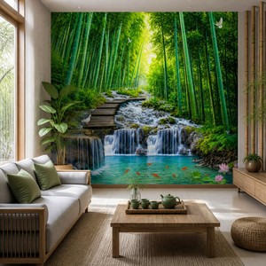 Mural de Pared Personalizado con Diseño de Bosque de Bambú y Cascada, Lienzo con Óleo, Loto y Pez Dorado, Papel Tapiz Zen para Sala de Estar, Dormitorio, Hotel - Product Image 1