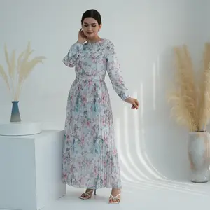 Sharut Wholesale Ramadan Dubai Modest Muslim Elegant Long Maxi Floral Print Pleated Chiffon Dress Abaya For Muslim Women Dress