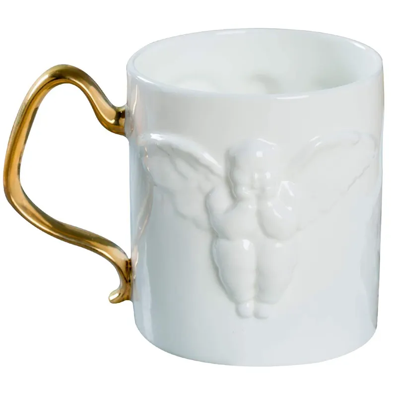 High Quality Novelty Ceramic Coffee Mug Bone China Tea Cup with Gold Handle Angel Gifts for Men and Women