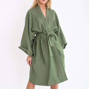 High Quality Linen Cotton <strong>Kimono</strong> Women's Spa Sleepwear <strong>Robes</strong> with Belt Breathable Woven 100% Linen Cotton <strong>Robes</strong> for Women - Product Image 1