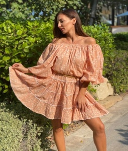 Peach Floral Print Elegant off Shoulder Bohemian Layer Dress with Small Scallop Trim Puff Sleeve 100% Cotton Party Wear Short - Product Image 6