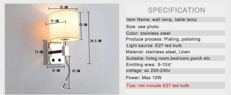European Reading Wall Lights E27 Interior Bedroom Hotel Wall Lighting Fixtures Home Bedside Led Fabric wall lamp Indoor