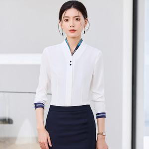 Women's White Long Sleeve Shirt Solid Color Contrast Cuff Office Wear Polyester Poplin OL Uniform YX602 - Product Image 1
