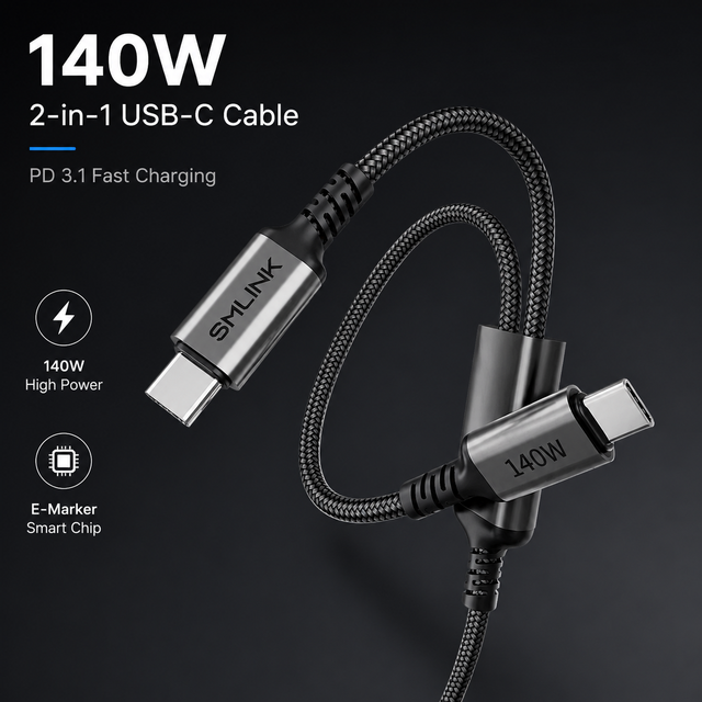 140W 2-in-1 USB C to USB C Cable PD 3.1 Fast Charging Cord with E-Marker Chip Nylon Braided Dual Type-C Data  with Custom Logo