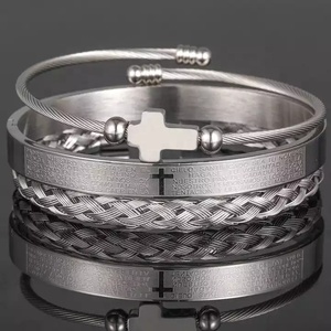 Pulsera de acero inoxidable para hombre, brazalete abierto con grabado de palabras bíblicas, Cable trenzado, brazalete cruzado - Product Image 1