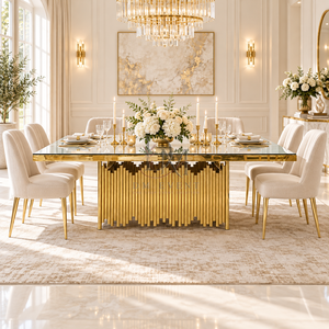 Mesa de Comedor Contemporánea de Acero Inoxidable Dorado con Cubierta de Vidrio Espejo y Base de Pedestal con Varilla Ondulada para Proyectos de Banquetes y Bodas - Product Image 5