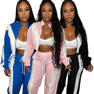1055 New Fason Women's Color Blocked Zipper <b>Cardigan</b> Wide Leg Drawstring Sports Pants Twopiece Set - Product Image 1