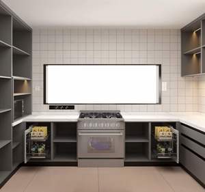 Gabinetes de Cocina Funcionales Grises con Cesta Extraíble y Cubo de Basura Empotrado para Apartamentos - Product Image 1