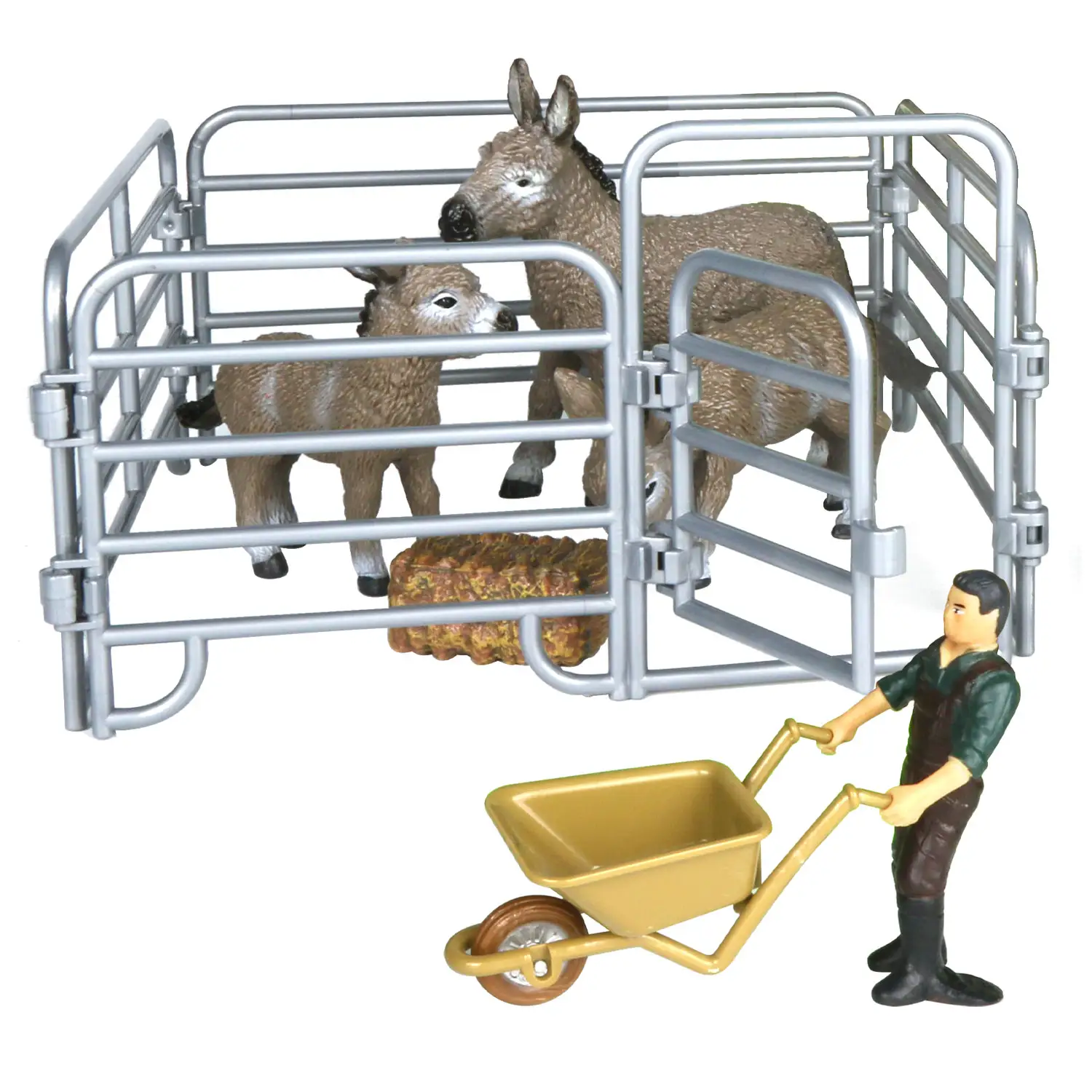 Barn Miniature Farm Farmer Donkey Animal Figurines Model Toy Set with fence Realistic