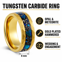 Bague de mariage et de fiançailles pour homme en carbure de tungstène martelé plaqué or 8 mm avec incrustation opale et météorite, vente en gros