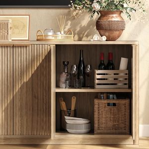 <span class=keywords><strong>Buffet</strong></span> en bois naturel à côtés cannelés avec un grand espace de rangement, portes à lattes verticales pour salle à manger, salon - Product Image 5