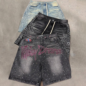 Pantaloncini in denim da <span class=keywords><strong>uomo</strong></span> personalizzati dal produttore, stile vintage con lavaggio acido, strass di cristallo e diamanti, modello baggy, per l'estate - Product Image 1