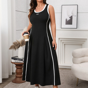 <span class=keywords><strong>Robe</strong></span> longue décontractée et sportive pour <span class=keywords><strong>femme</strong></span>, grande taille, col rond, sans manches, coupe trapèze, avec bordure contrastante - Product Image 2