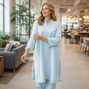 Set <span class=keywords><strong>Due</strong></span> Pezzi Personalizzato da Donna in Misto Lino e Cotone con Scollo a V, Tunica Lunga con Spacco Laterale e Pantaloni a Gamba Dritta con Finiture in Pizzo - Product Image 5