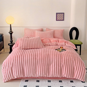 Mùa Đông Dày Thỏ Sang Trọng Bốn Mảnh Thiết Lập Cao Cấp Ánh Sáng Sang Trọng Màu Rắn Chăn Bìa Sữa San Hô Lông Cừu Tấm Ga Giường Đơn Giản - Product Image 3