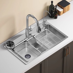 Évier de cuisine intégré multifonctionnel à trois trous en acier inoxydable 304, argenté, embossé, style minimaliste moderne - Product Image 1