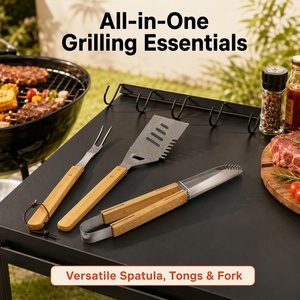 304 Stainless Steel 3Pcs BBQ <b>Tool</b> Set Wooden Handle with Black Hanging <b>Rack</b> - Product Image 4