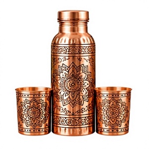 Botella de agua vintage de cobre con grabado de mandala de loto y 2 tazas a juego - Product Image 1