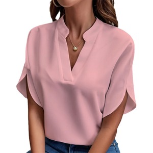 2025 New Women Fashion Summer Solid Color V Neck Casual <strong>Short</strong> <strong>Sleeve</strong> Top Loose <strong>Lady</strong> <strong>Shirt</strong> - Product Image 4