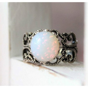 <b>Opal</b> <b>Ring</b> <b>Silver</b> Bezel Setting Floral Openwork Design Women's Jewelry Gift - Product Image 2