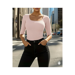 Haut en tricot côtelé rose poudré à manches longues et col carré pour femme, coupe régulière, tissu doux - Product Image 5
