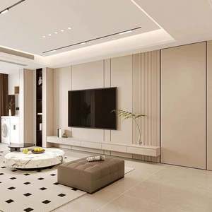 Modern Cream Wood Panel 3D <b>TV</b> <b>Wall</b>-<b>Mounted</b> Cabinet with Custom Background Design Durable Wood Living Room Furniture - Product Image 1