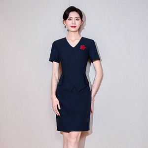 V-Neck Short Sleeve Dress Women Elegant Peplum Waist Cinching Workwear Blue Grey Career Dress Fake Two Piece Design - Product Image 1