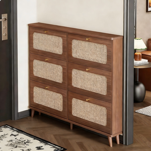 Armoire à chaussures ultra-mince <span class=keywords><strong>en</strong></span> <span class=keywords><strong>rotin</strong></span> <span class=keywords><strong>en</strong></span> bois du milieu du siècle, étagère à 3 niveaux, rangement de salon anti-poussière pour petit appartement - Product Image 2
