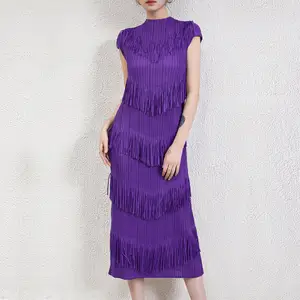 2024 женское однотонное плиссированное платье с круглым вырезом и коротким рукавом, свободное повседневное модное женское платье с кисточками