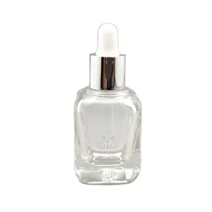 15ml empty square clear glass dropper bottle with glossy silver dropper cap and white rubber top for essence and oil