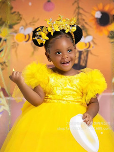 Abito <span class=keywords><strong>da</strong></span> Principessa Giallo in Pizzo per Damigella d'Onore, Vestito <span class=keywords><strong>da</strong></span> <span class=keywords><strong>Ballo</strong></span> per Feste di Compleanno per Bambine, Abito per il Riunione Annuale dei Bambini - Product Image 5