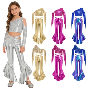 Conjunto Brillante para Niñas de 6 a 16 Años, Top Corto y Pantalones Metálicos con Volantes y Campana, para Baile, Actuaciones y Salidas Casuales - Product Image 1