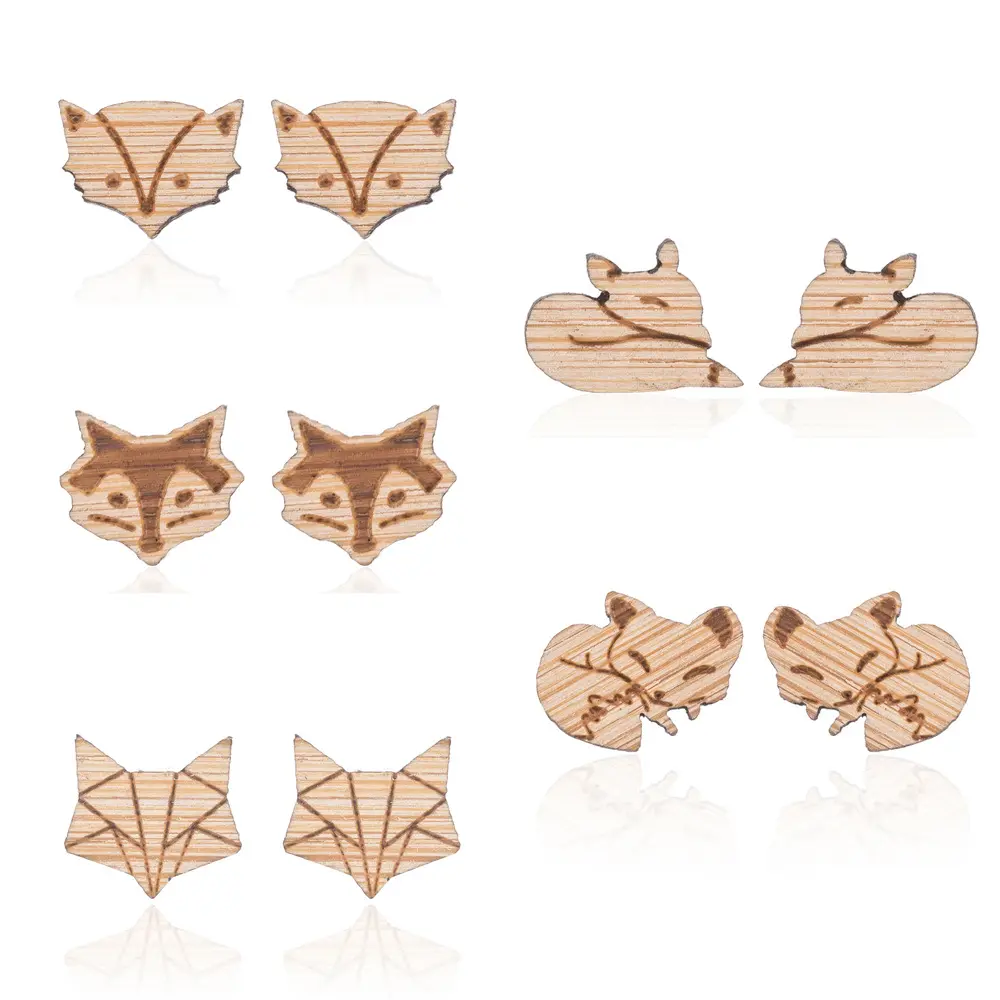 Fancy Trend Wood Paper Folding Fox Stick Earrings Cute Natural Wood Geometric Lines Fox Stud Earrings For Girls