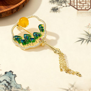 Muyu Traditional Chinese Style Mountain River Moon Fan Brooch Enamel Tassel Women's Cheongsam Accessory - Product Image 2