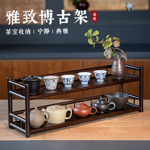 Antique Display <b>Shelf</b> Tea Set Stand Bamboo Double Layer 60x15x33cm <b>Desk</b> Storage Organizer - Product Image 1