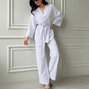 Custom Lounge Wear Kimono Top And Pants Nightwear Sets Female Women Linen Pajamas For Women Set