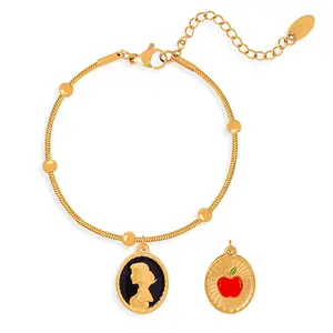 Luxury Fashion 18k Gold Plated Stainless Steel Non Fading Women Enamel Pendant Apple Black Girl Pattern Bracelet