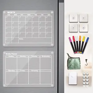 Tableau magnétique effaçable à sec en acrylique Calendrier mémo mensuel/hebdomadaire transparent magnétique et adhésif fort pour réfrigérateur/réfrigérateur